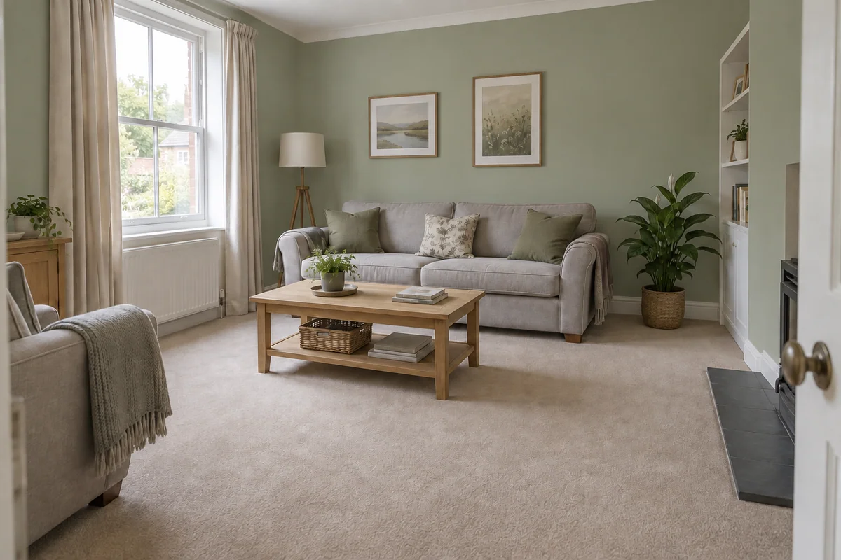 Illustrative sage-green wall colour concept in the same room