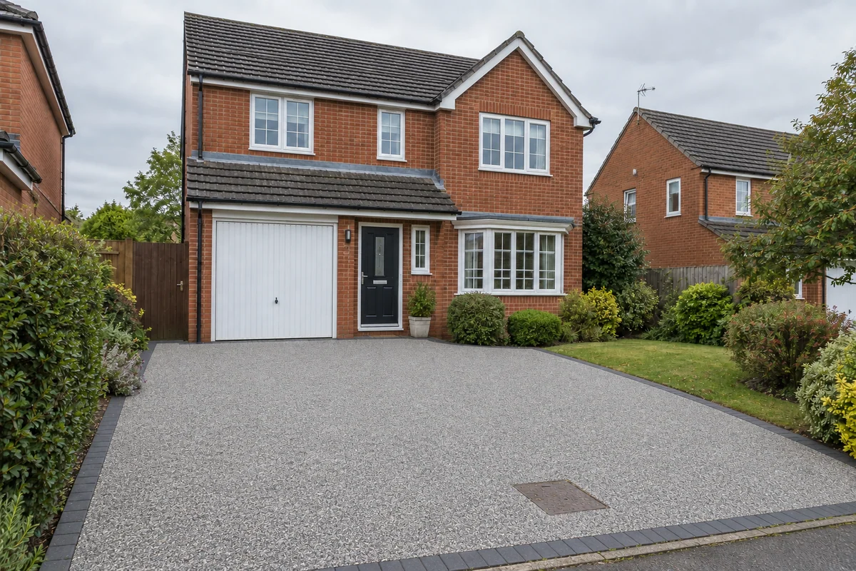 Illustrative silver-grey resin driveway concept on the same house