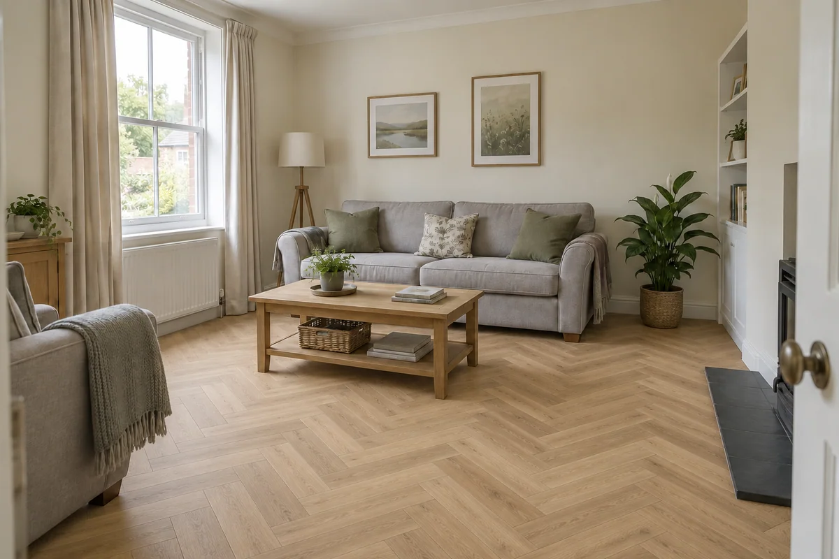 Illustrative oak herringbone flooring concept in the same room