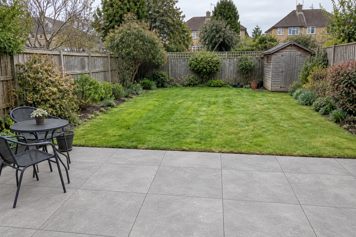 Illustrative grey porcelain patio concept in the same garden