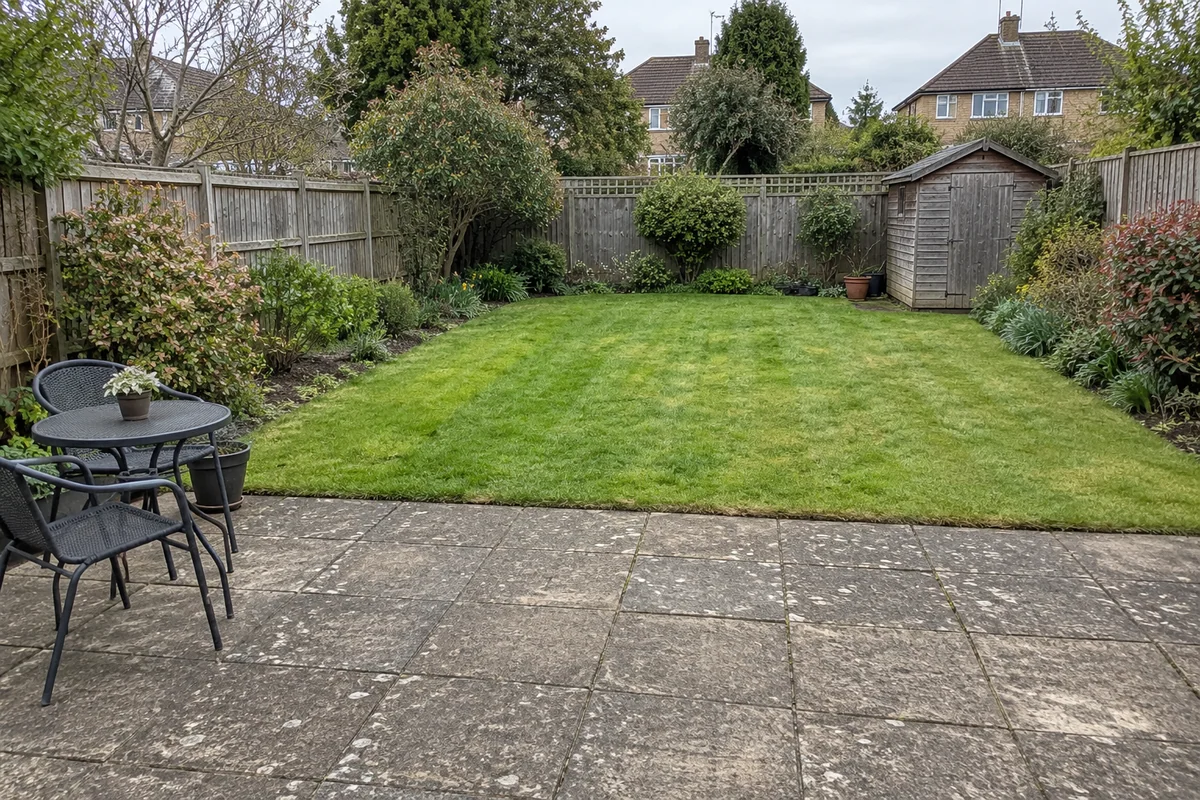 Garden with the original concrete slab patio