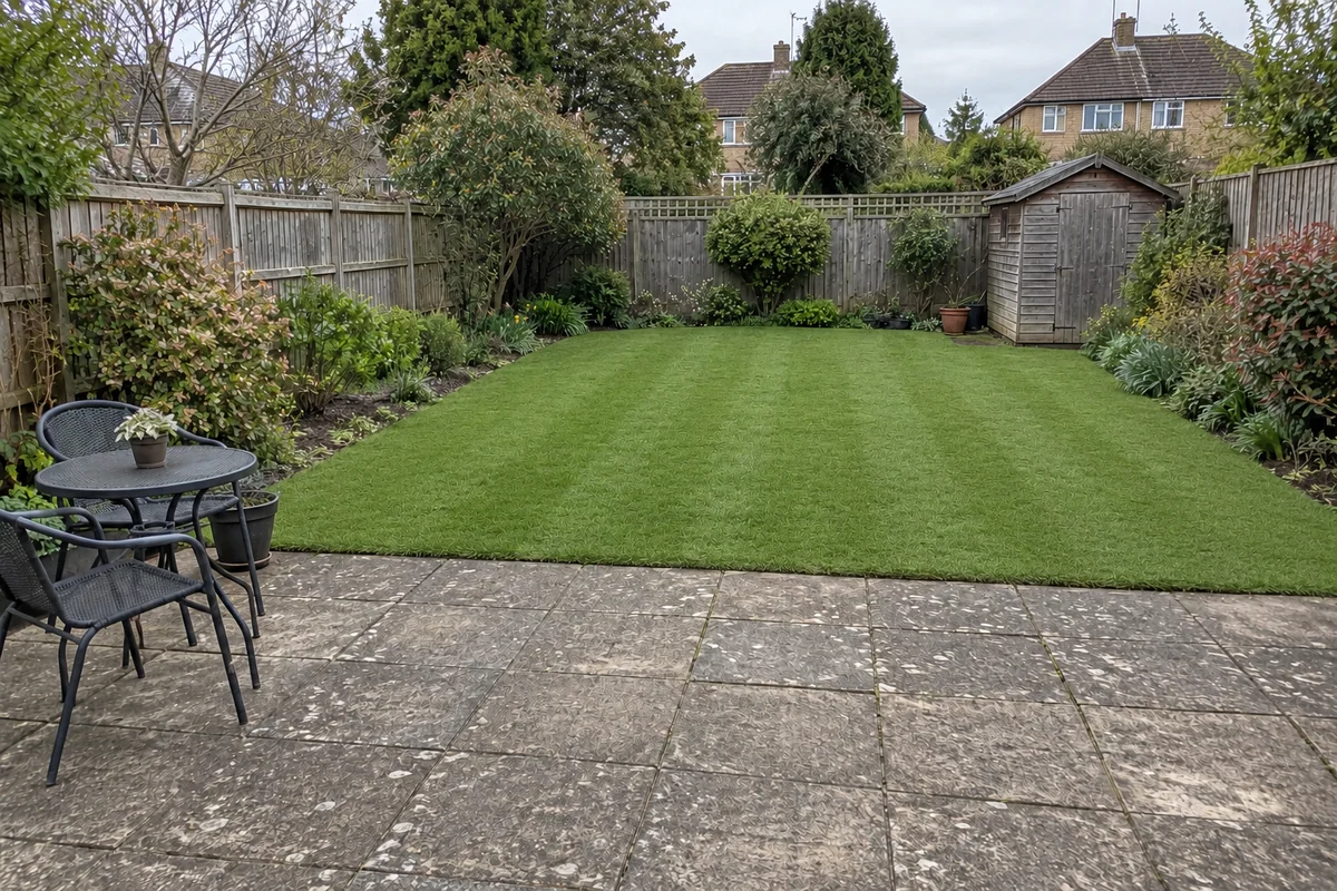 Illustrative artificial-grass concept within the same lawn boundary