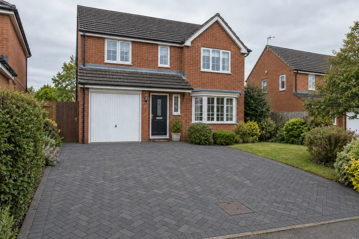 Illustrative charcoal block-paving concept on the same driveway