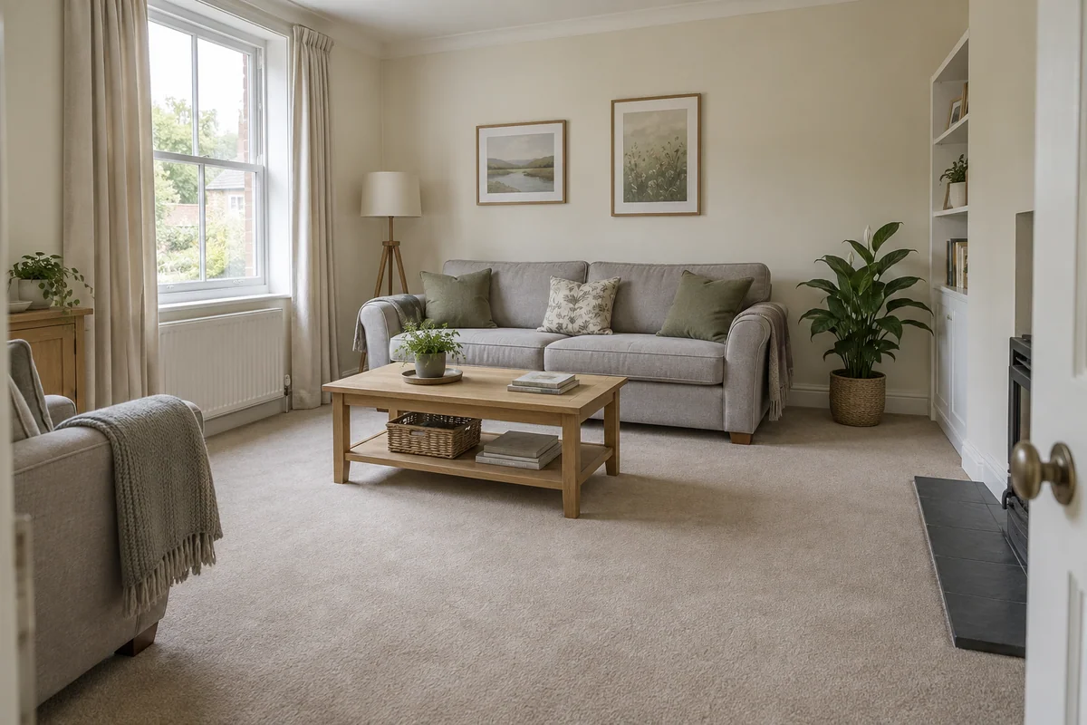 Living room with the original beige carpet